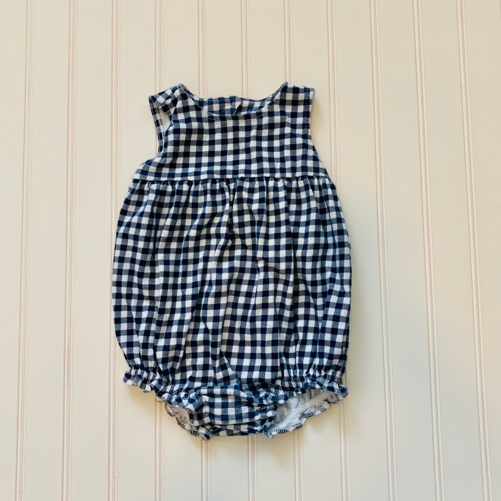 Navy blue and white checkered romper